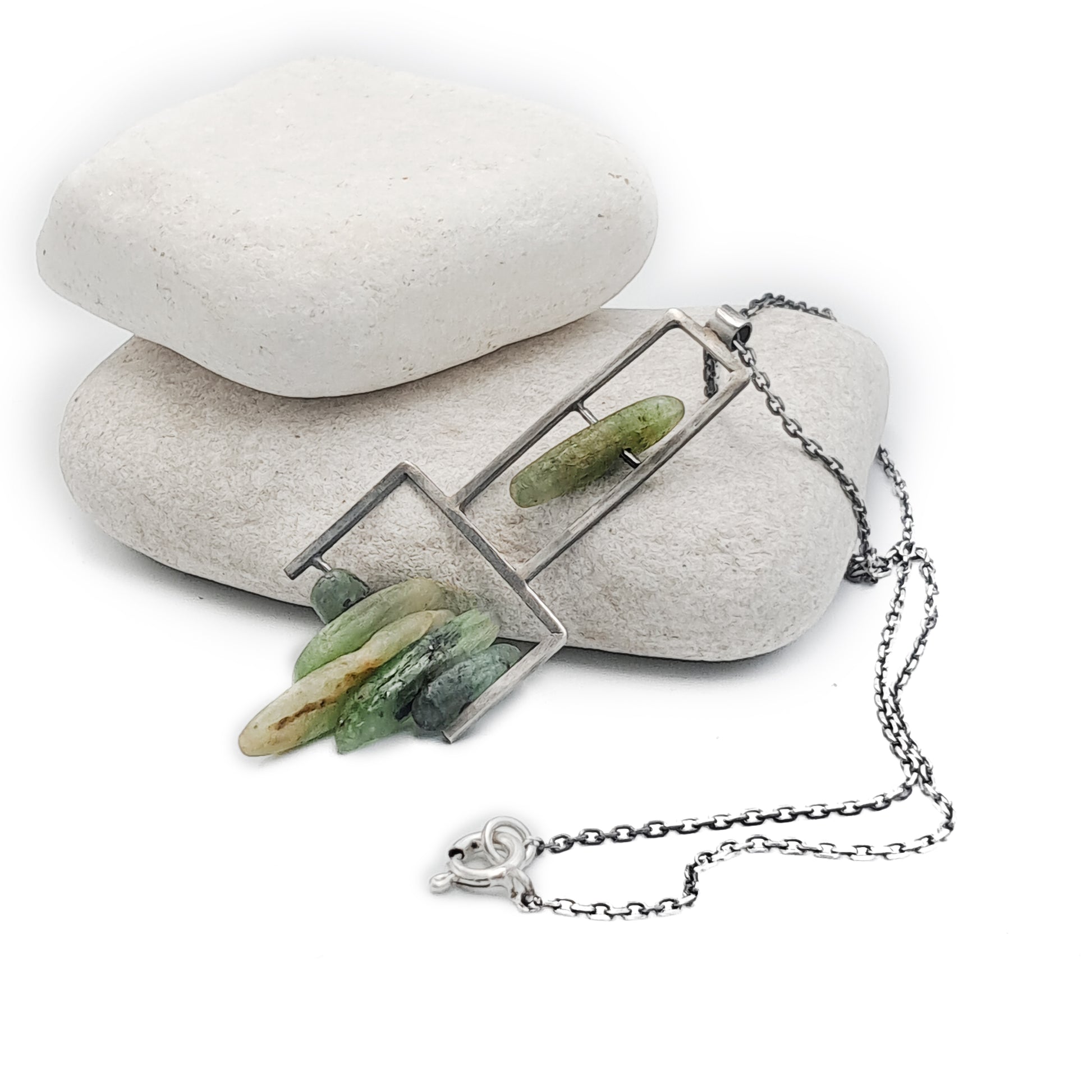 ''Geometry of Nature'' 925 Silver Necklace with Green Kyanite