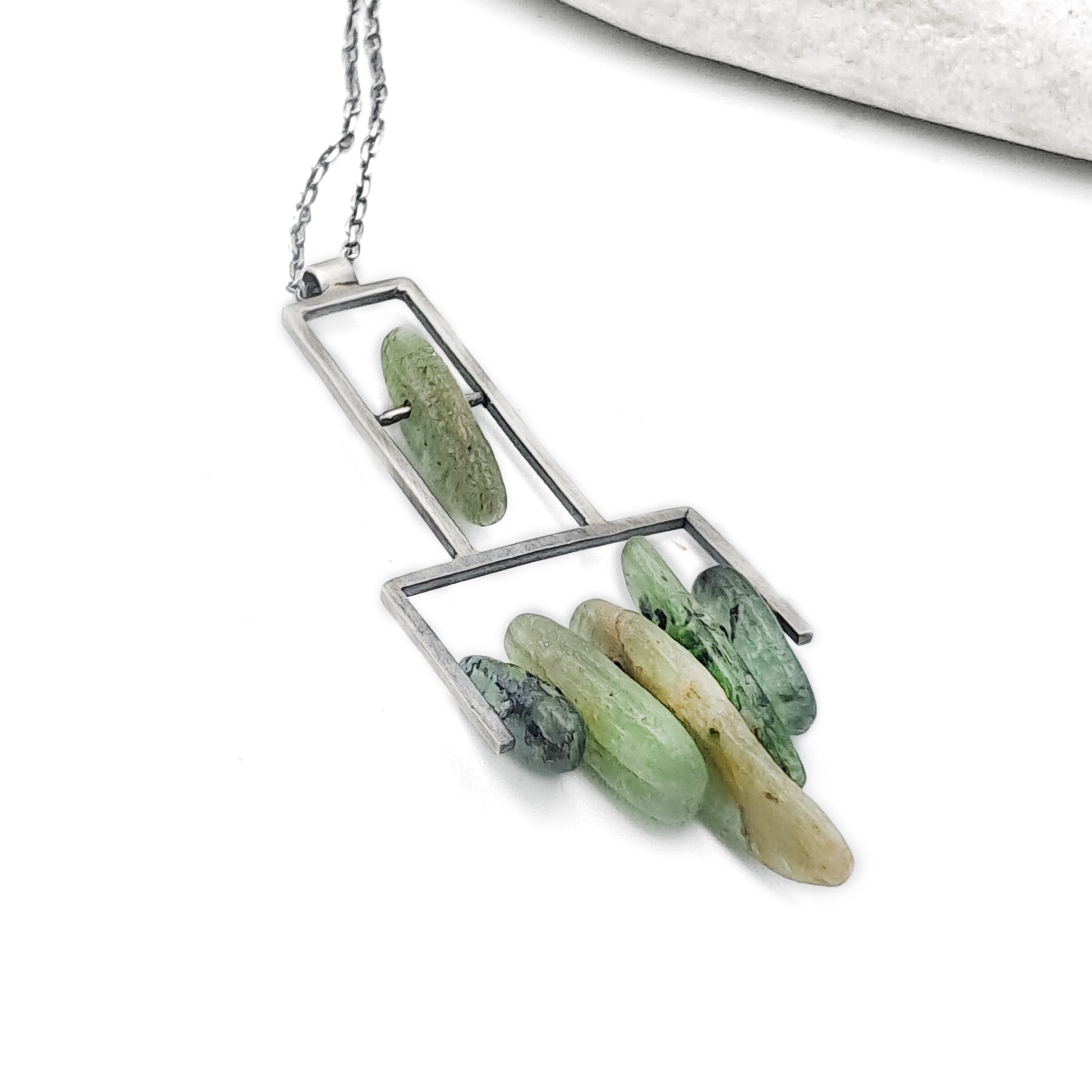 ''Geometry of Nature'' 925 Silver Necklace with Green Kyanite