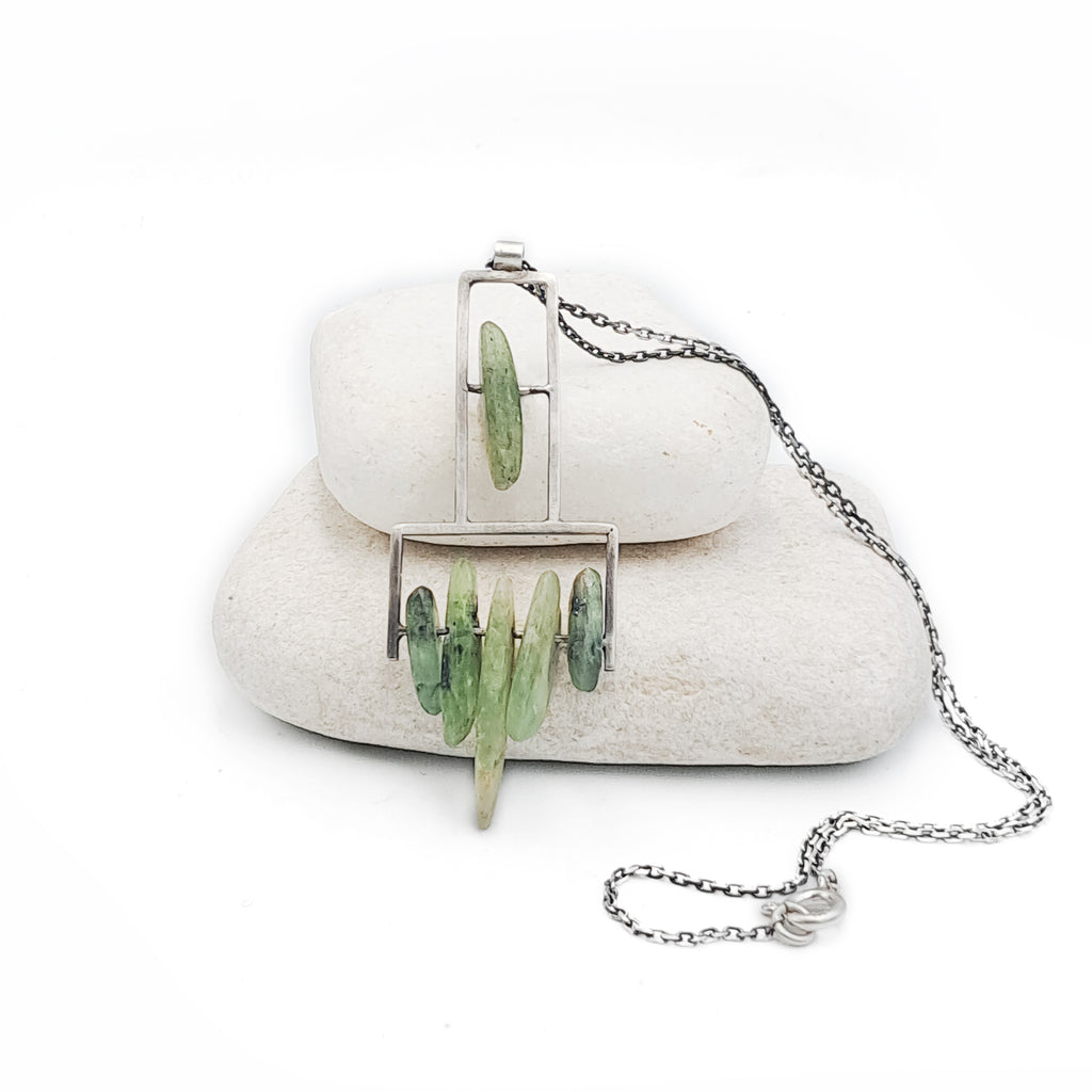 ''Geometry of Nature'' 925 Silver Necklace with Green Kyanite