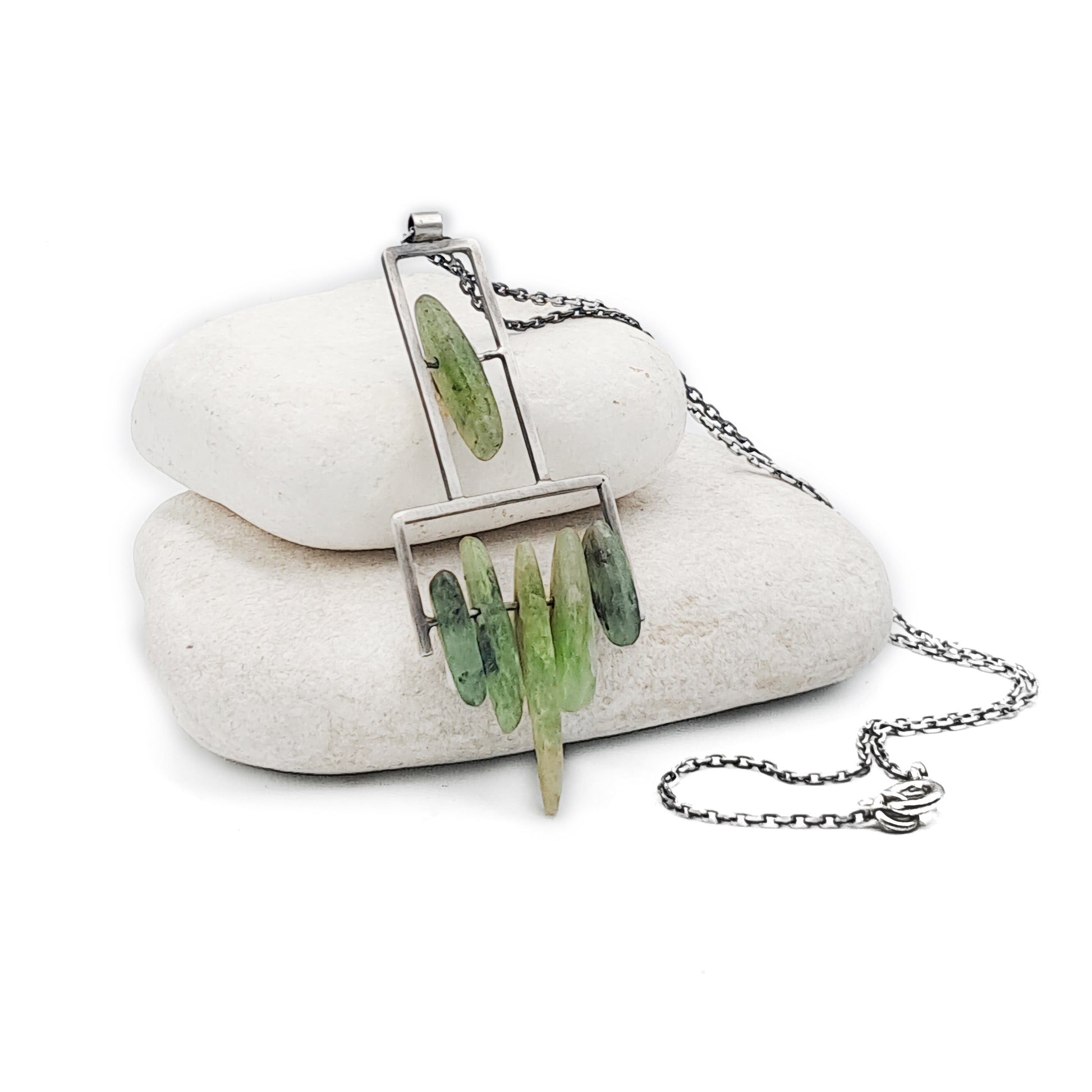 ''Geometry of Nature'' 925 Silver Necklace with Green Kyanite