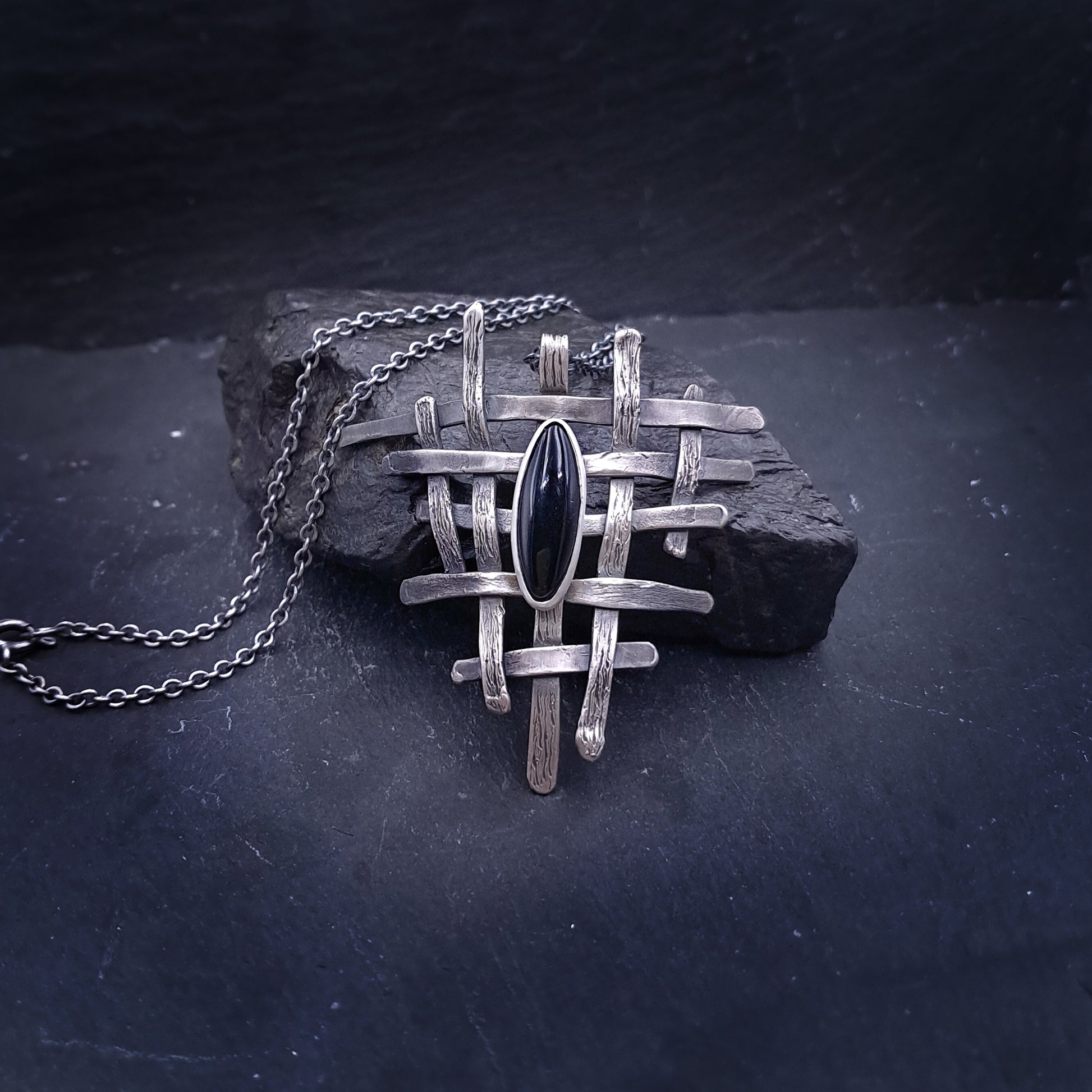 ''Eclipse Weave'' 925 Silver Necklace with Black Onyx