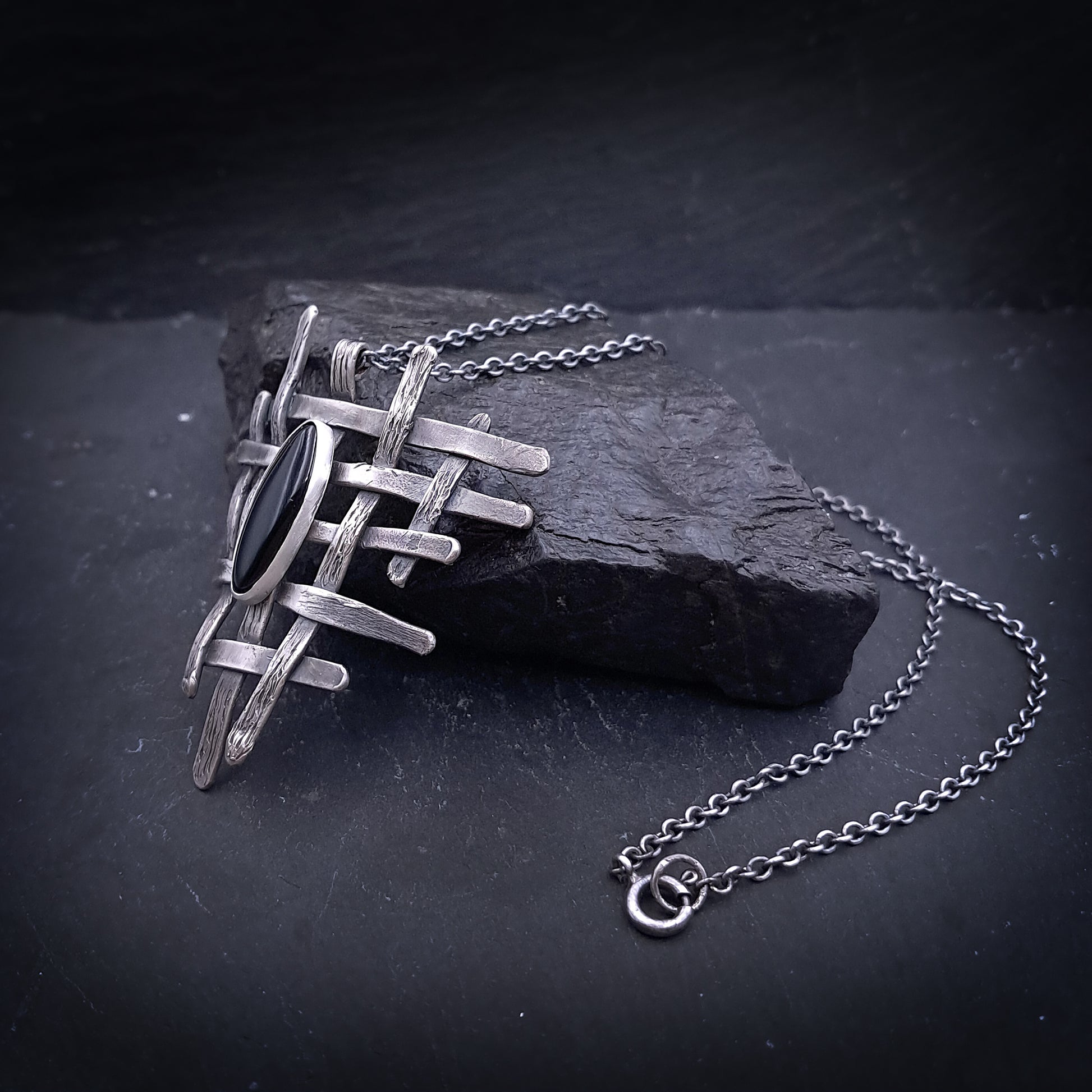 ''Eclipse Weave'' 925 Silver Necklace with Black Onyx