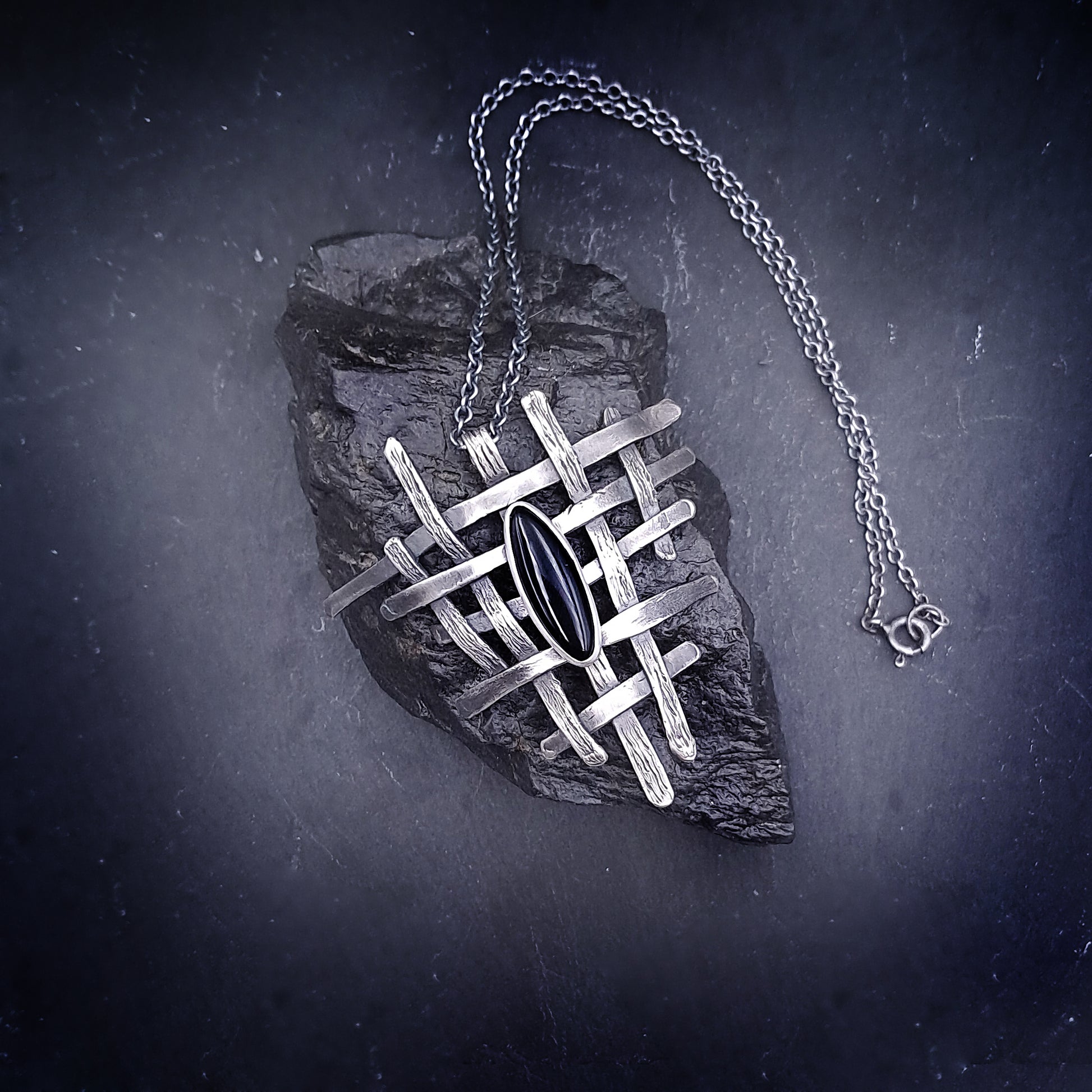 ''Eclipse Weave'' 925 Silver Necklace with Black Onyx