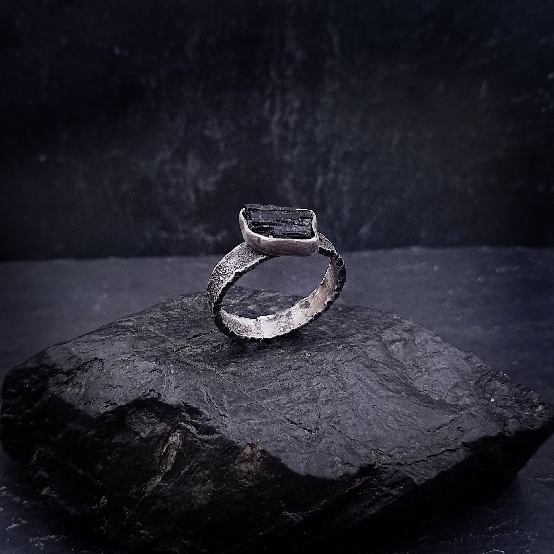 ''Obsidian Stillness'' 925 Silver Ring with Tourmaline