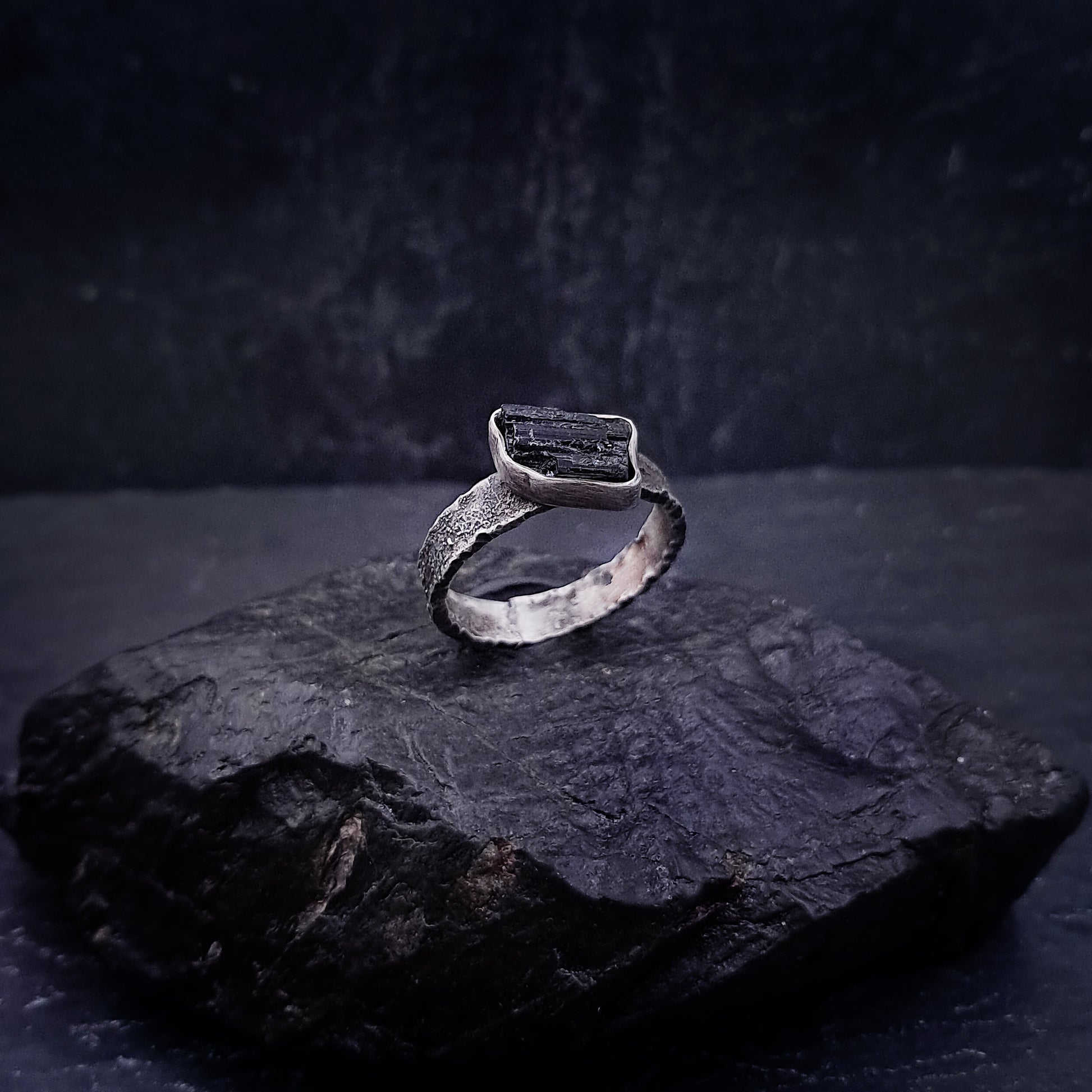 ''Obsidian Stillness'' 925 Silver Ring with Tourmaline