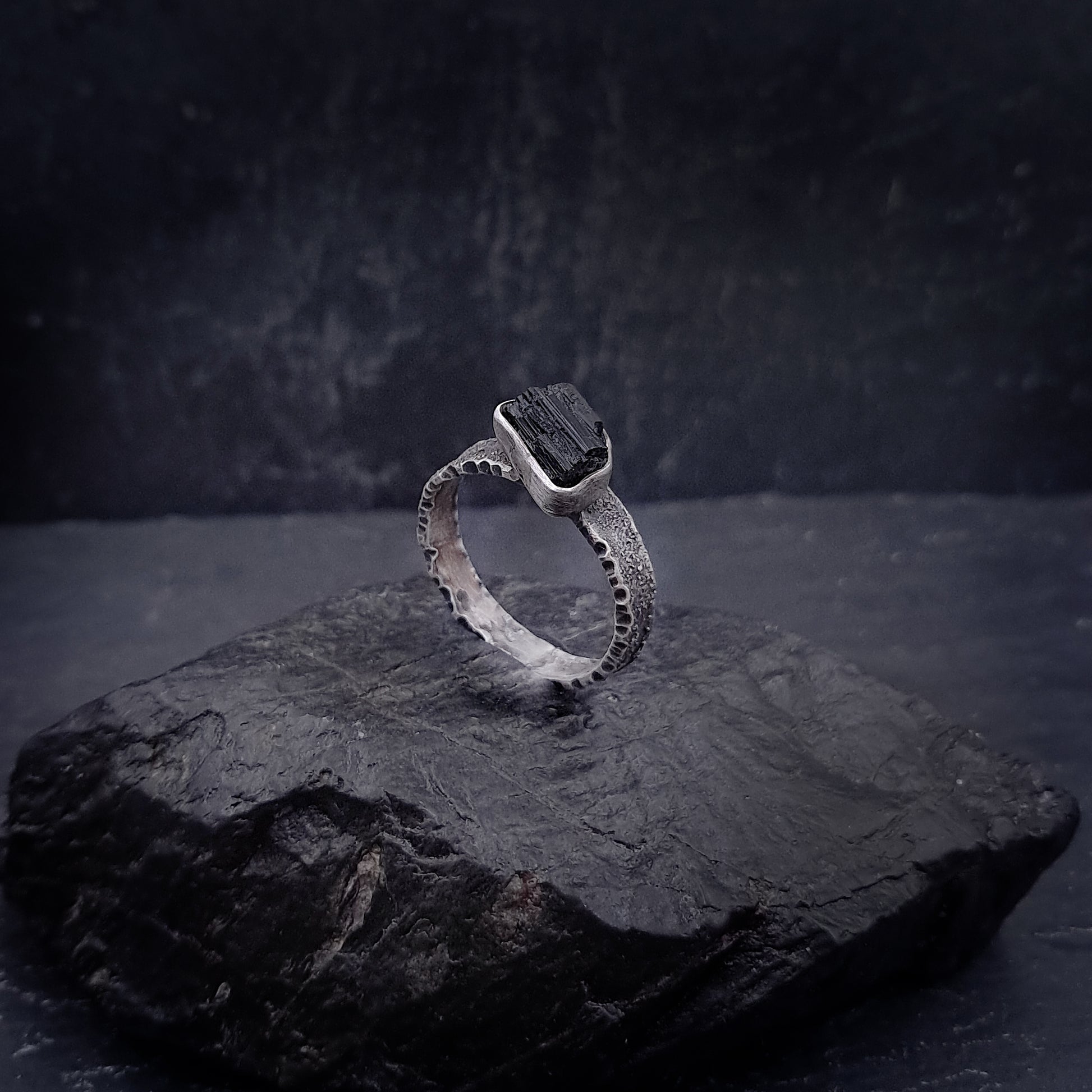 ''Obsidian Stillness'' 925 Silver Ring with Tourmaline
