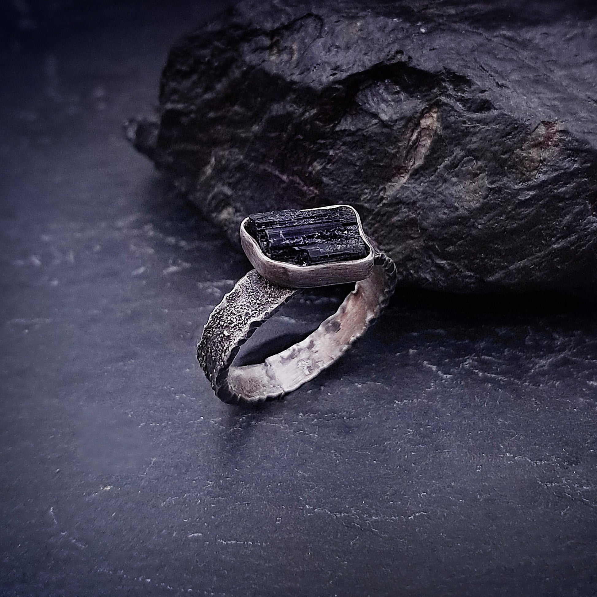 ''Obsidian Stillness'' 925 Silver Ring with Tourmaline