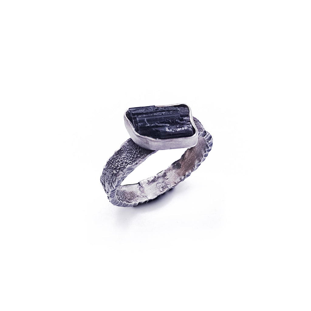 ''Obsidian Stillness'' 925 Silver Ring with Tourmaline