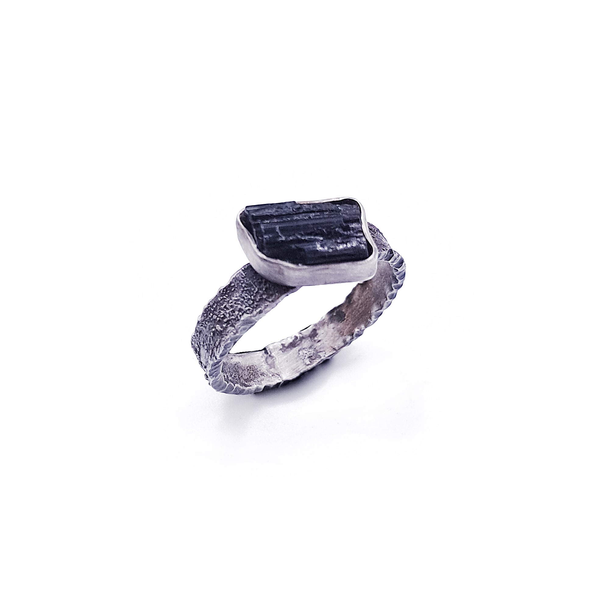 ''Obsidian Stillness'' 925 Silver Ring with Tourmaline