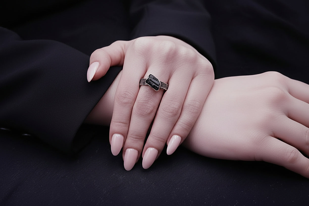 ''Obsidian Stillness'' 925 Silver Ring with Tourmaline