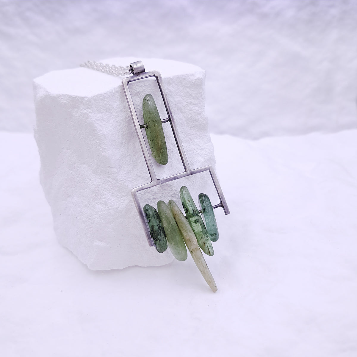 ''Geometry of Nature'' 925 Silver Necklace with Green Kyanite