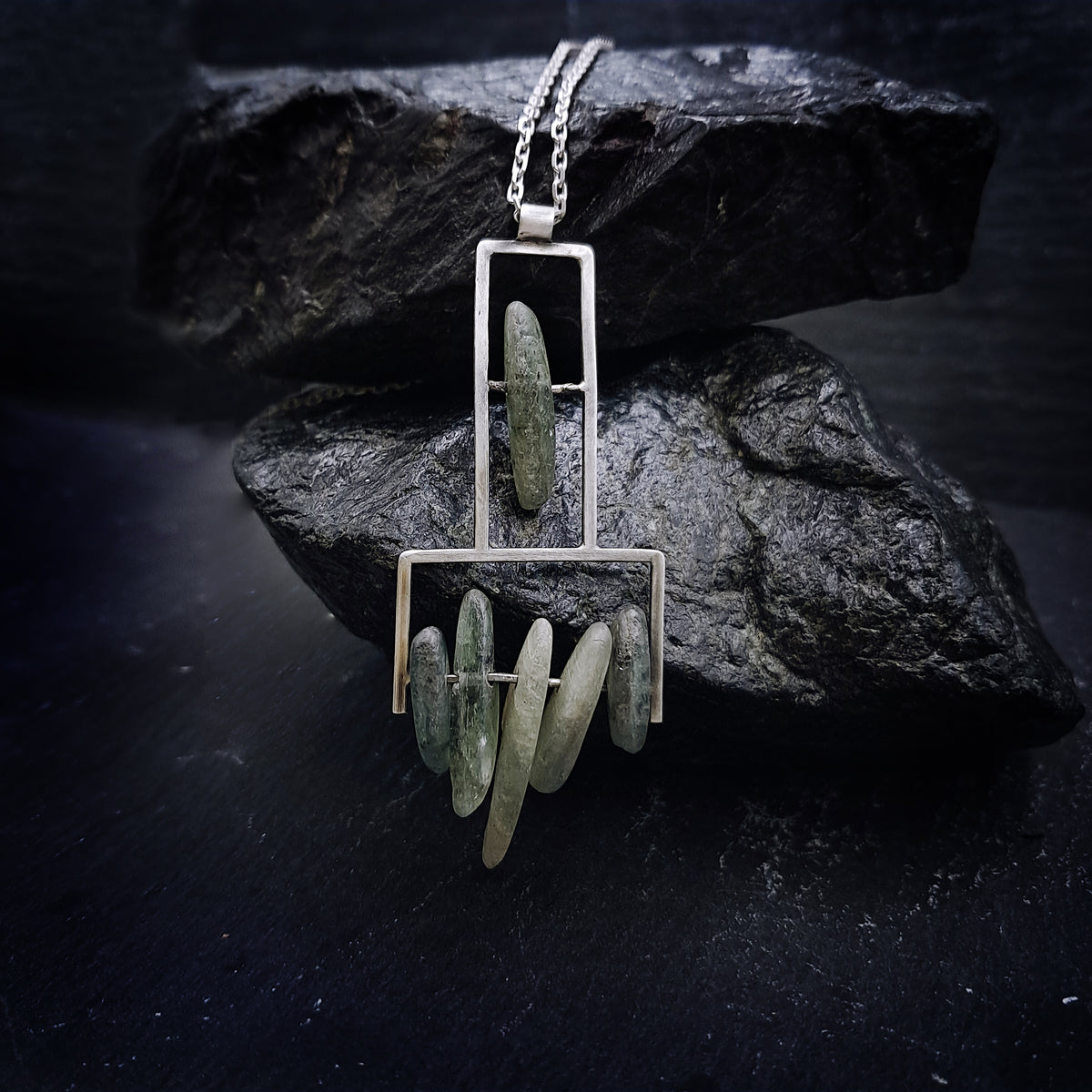 ''Geometry of Nature'' 925 Silver Necklace with Green Kyanite